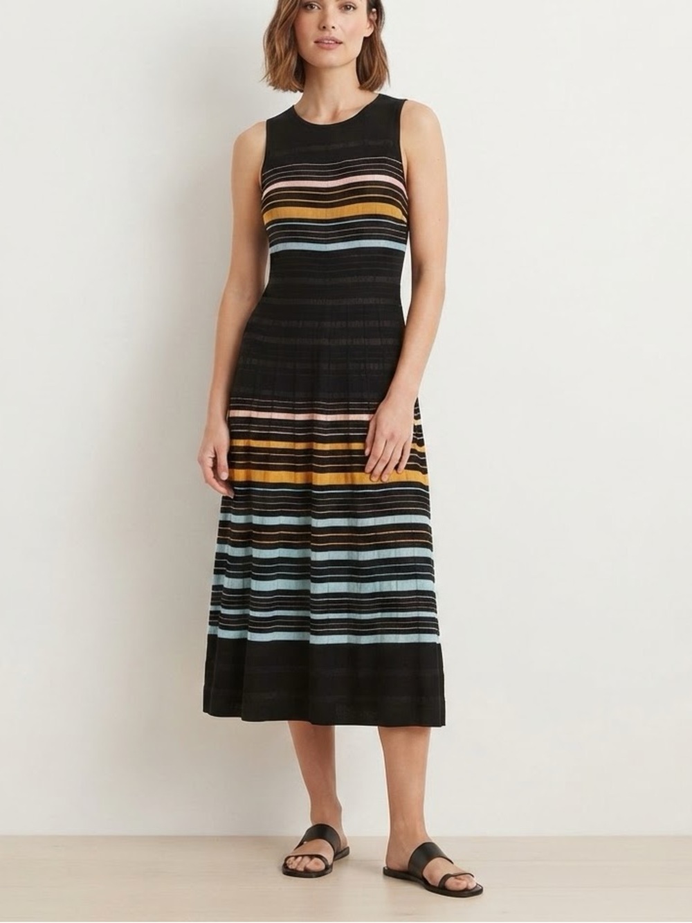 LOFT Black Multicolor Striped Sleeveless Midi Dress Size S Crew Neck Workwear❤️